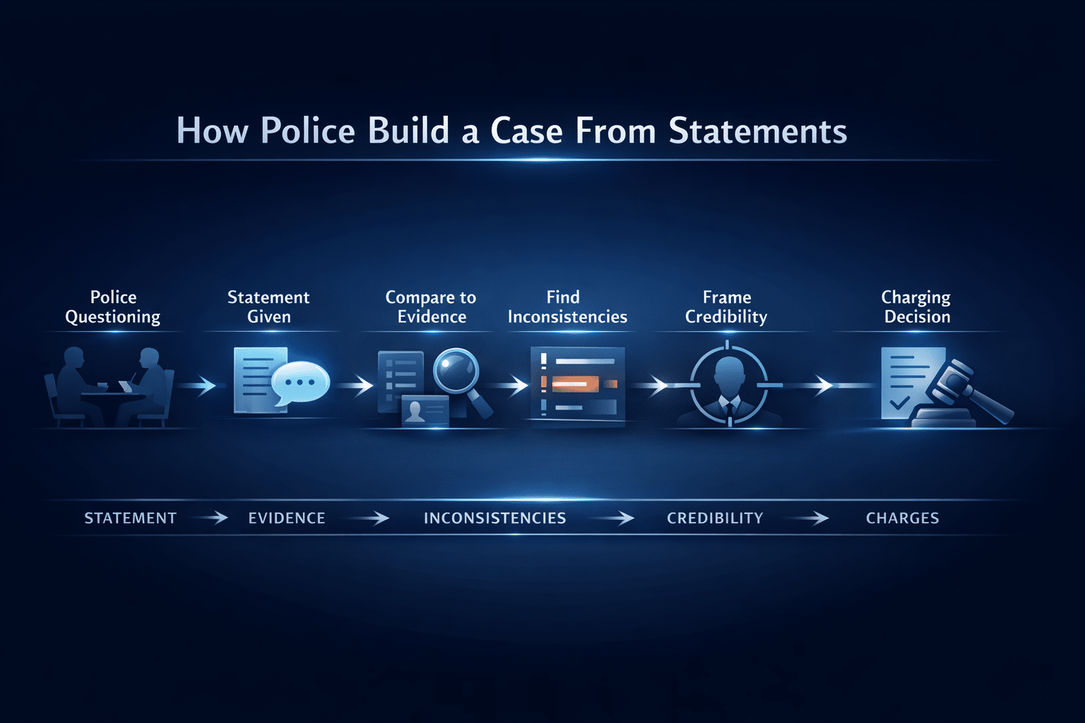 sexual assault investigation statement to charges flowchart showing how police use statements, evidence, and credibility to file charges
